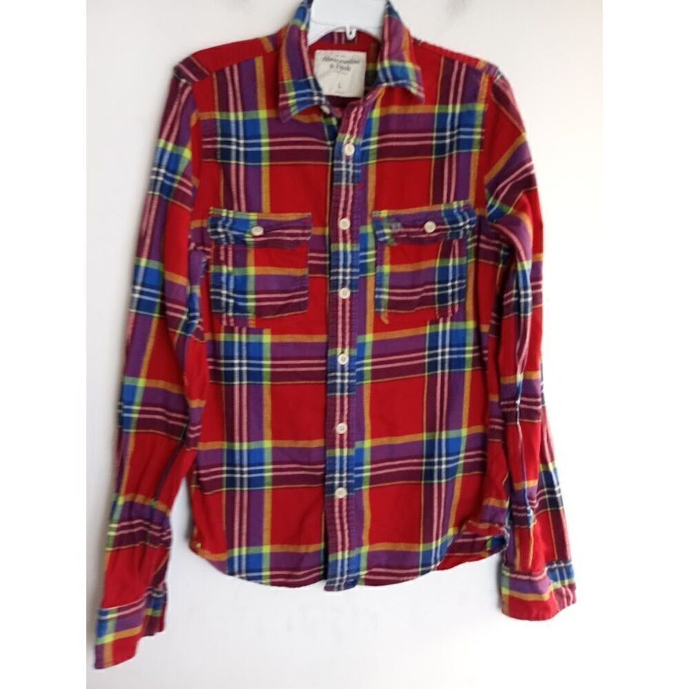Abercrombie & Fitch  "Muscle" Red Purple Plaid 100% Cotton Button Up Shirt Large
